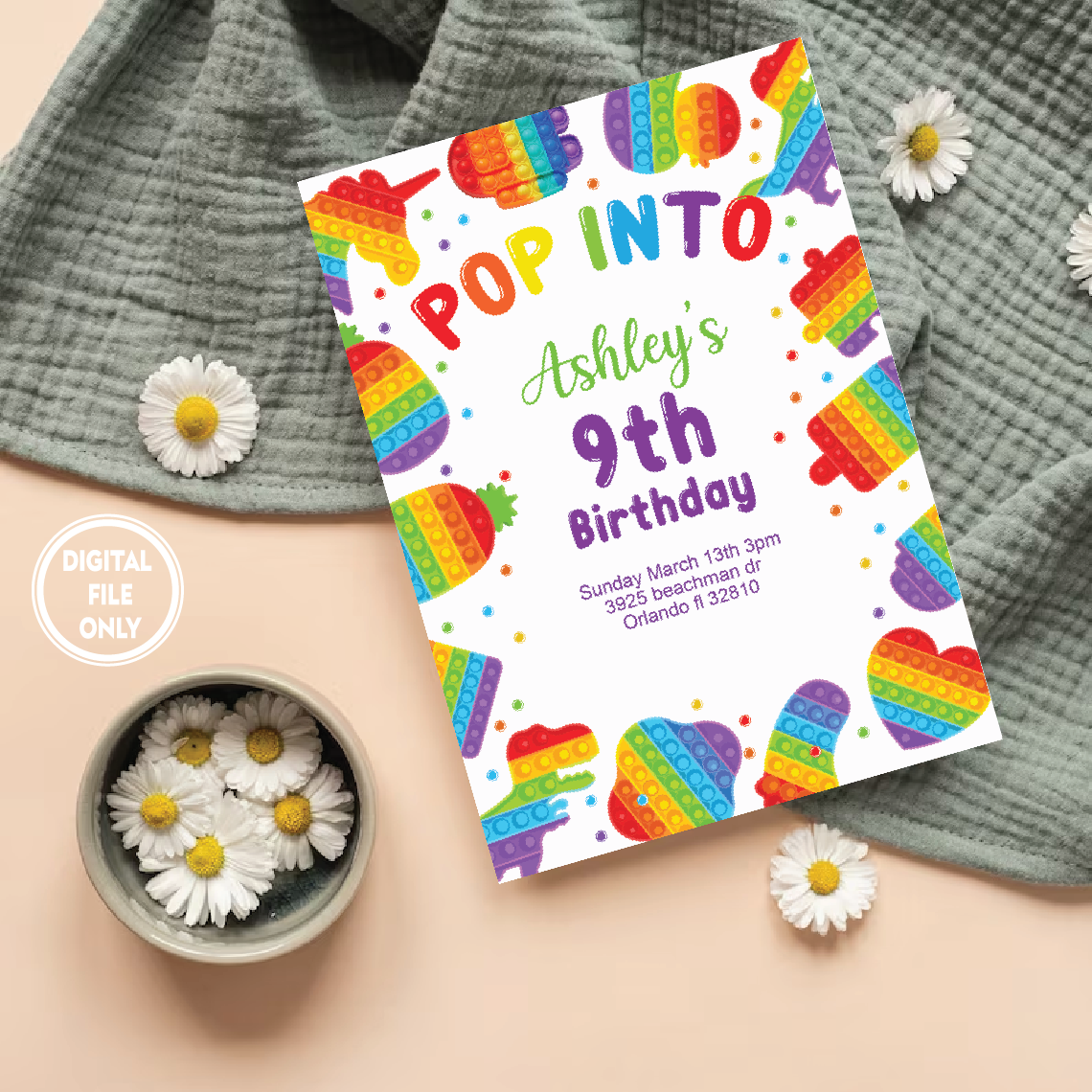 Personalized File Kids Birthday Invitation Pop It png Editable For Boy and Girl Kids invitation, Invite Instant Download ! PNG File Only