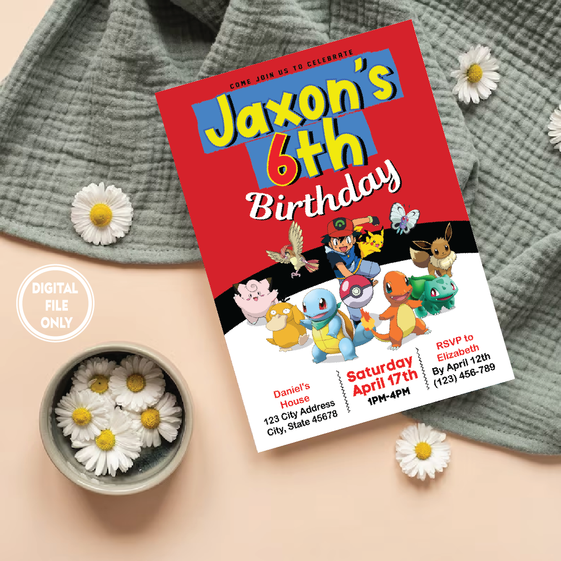 Personalized File Pokemone Birthday Invitation, Pokemon Birthday Invitation, Pokemon Invitation, Pikachu Invitation, Pikachu Party Invite, Instant Download PNG File Only