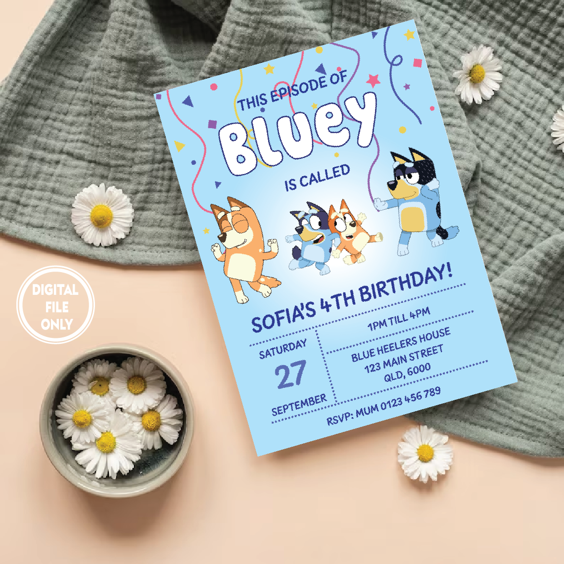 Personalized File Bluey Invitation, Digital Invite, Editable-Printable, Bluey Boys and Girls invite, Bluey birthday invitation PNG File Only