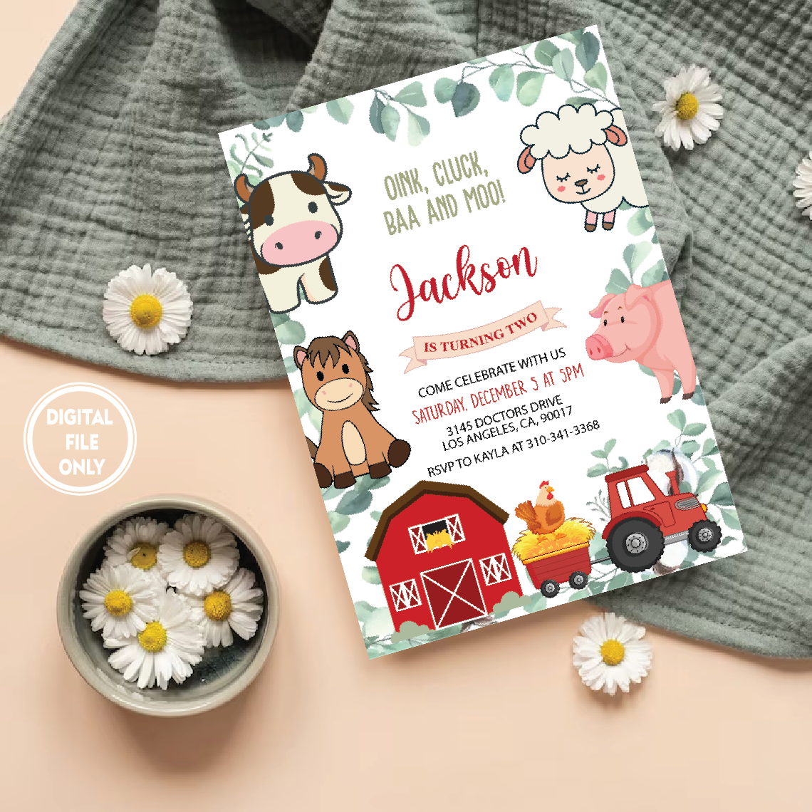 Personalized File Farm Birthday Invitation PNG File Only, Barn Animals Party Invite Png, Red Boy Barnyard Animals, Instant Download