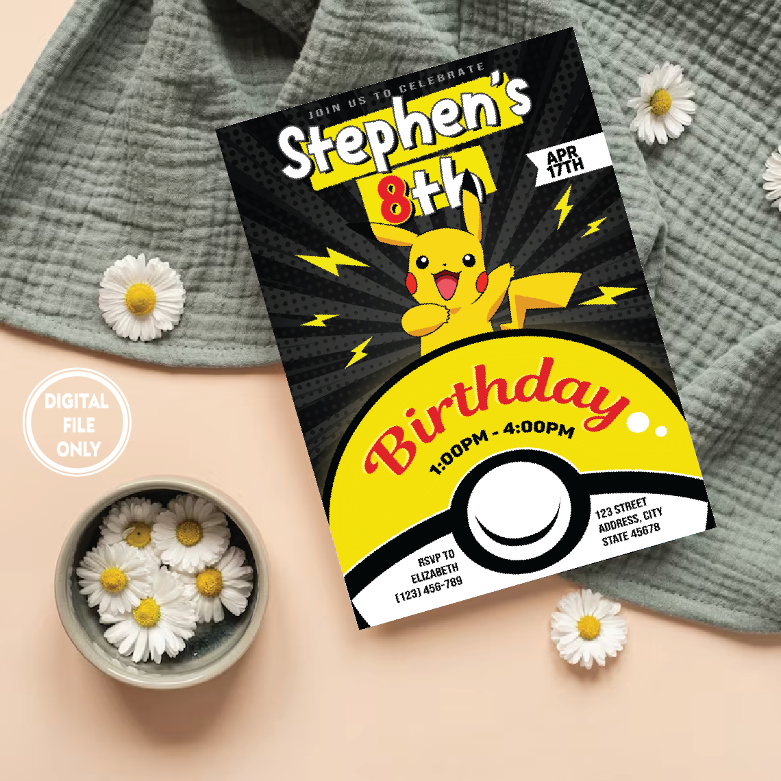 Personalized File Pokemone Birthday Invitation, Pokemon Birthday Invitation, Pokemon Invitation, Pikachu Invitation, Pikachu Party Invite, Instant Download. PNG File Only