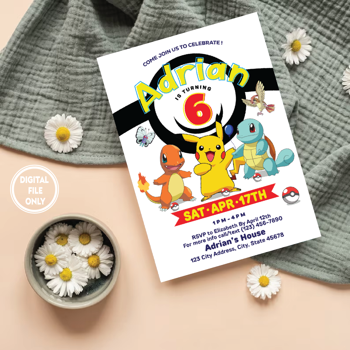 Personalized File Pikachu Birthday Invitation, Pokemon Invitation, Pokemon Birthday Invitation, Pokemon Invitation, Pikachu Invitation Invite PNG File Only