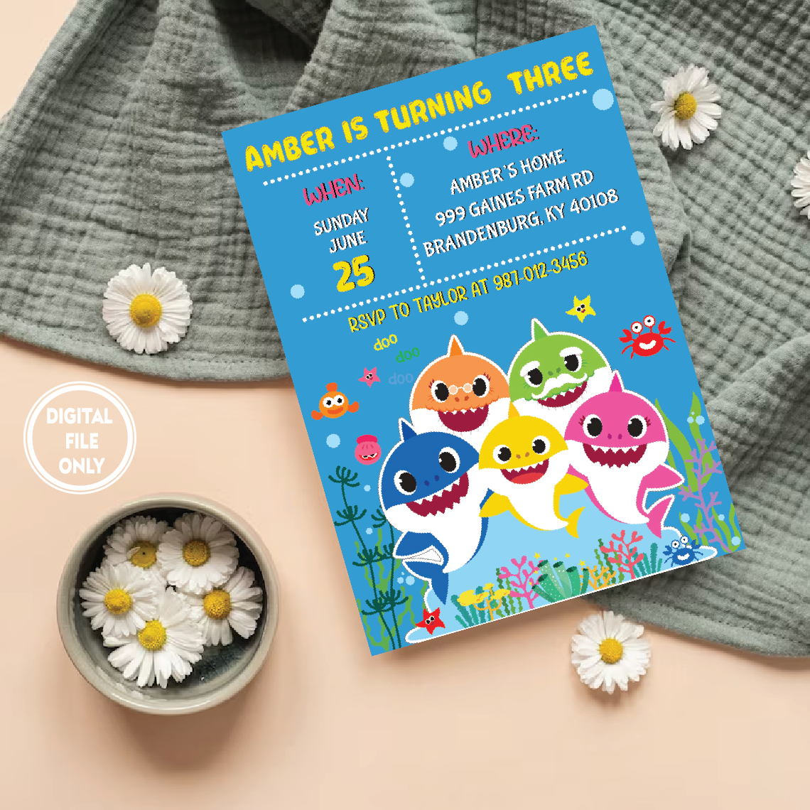 Personalized File Baby Shark Invitation, Baby Birthday Invitation,shark party,Baby Shark Birthday Invitation ,Kid Party Digital Invite PNG File Only
