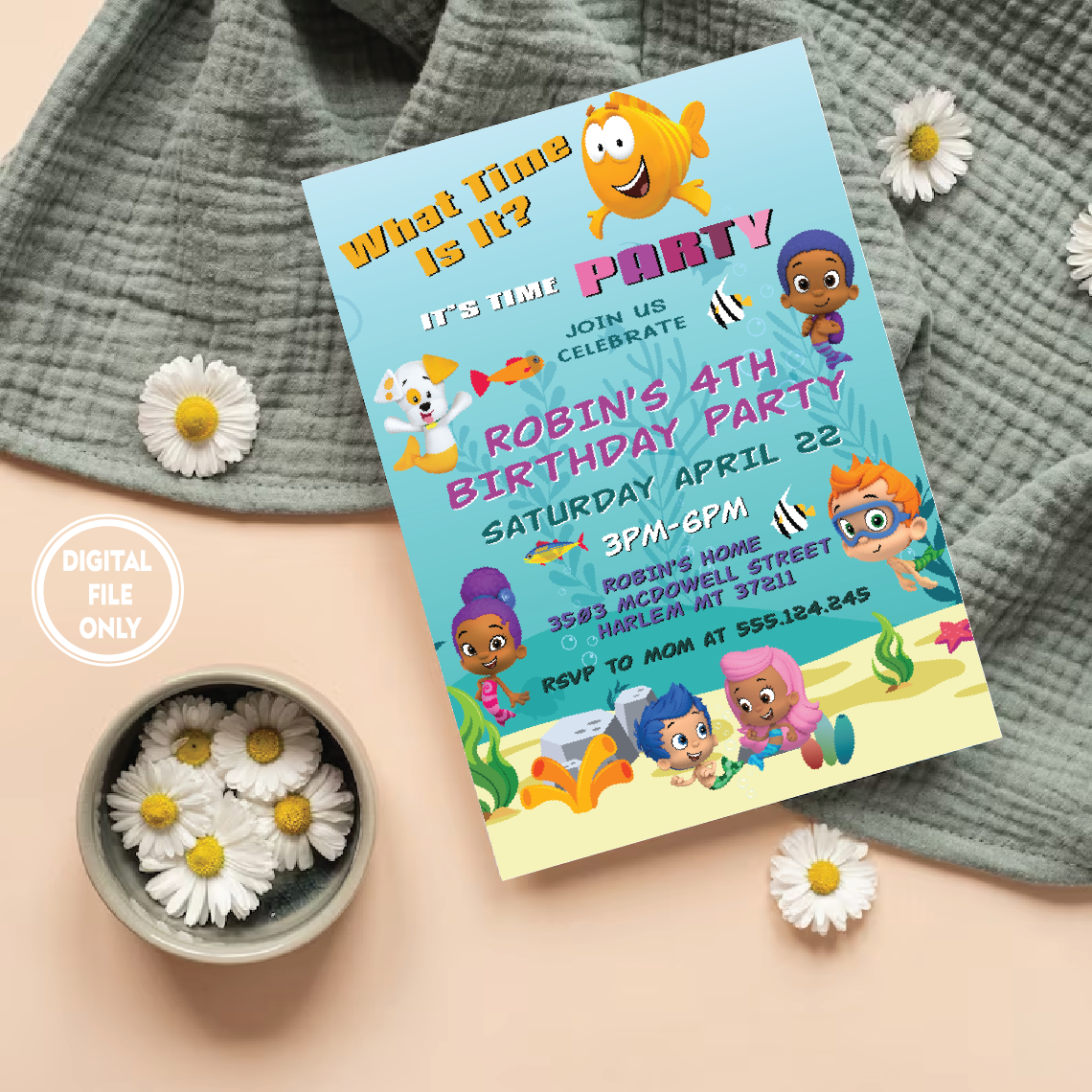 Printable Bubble Guppies Party Invite, Bubble Guppies Evite, Instant Download PNG File Only