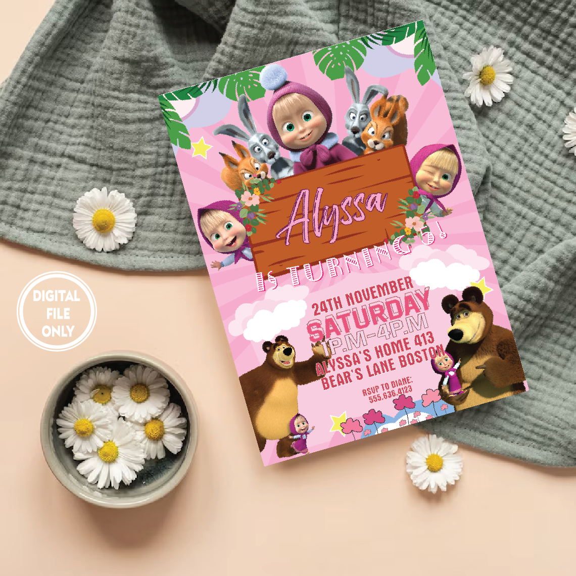 Personalized File Masha and The Bear Invitation for Girls Birthday Party Invitation for Masha Birthday Bear Invite Digital Masha and Bear PNG File Only