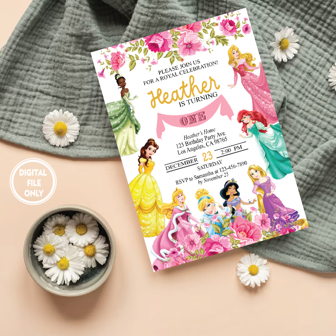 Personalized File Princess First Birthday Invitation Royal Rose Girl Celebration Invite Custom Printable Instant Download Digital or Printed PNG File Only