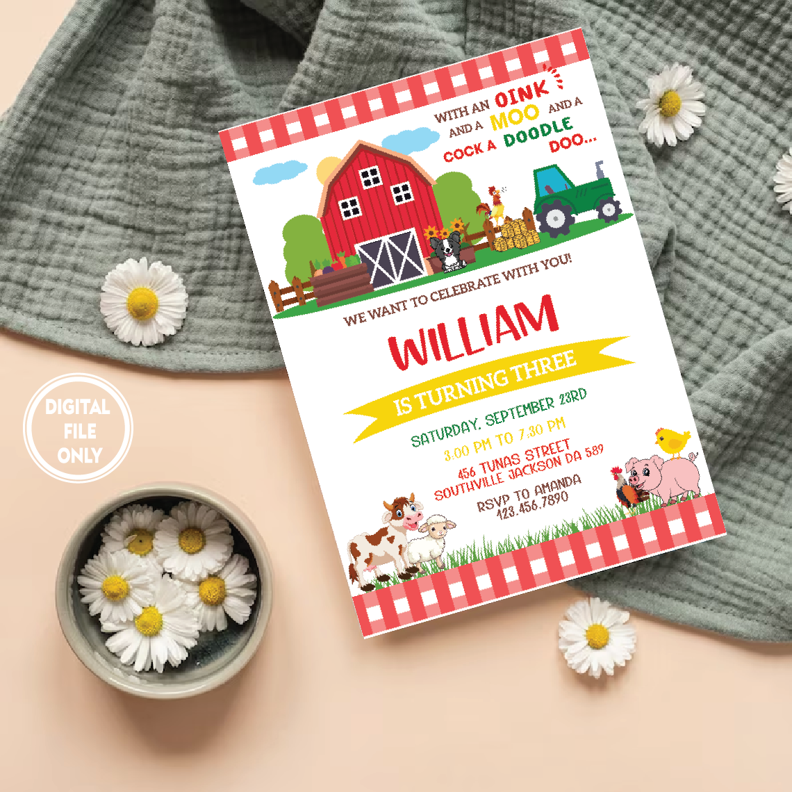 Personalized File Farm Birthday Party Invitation PNG ONLY, Farm Animals Birthday Invitation Png, Printable, Instant download