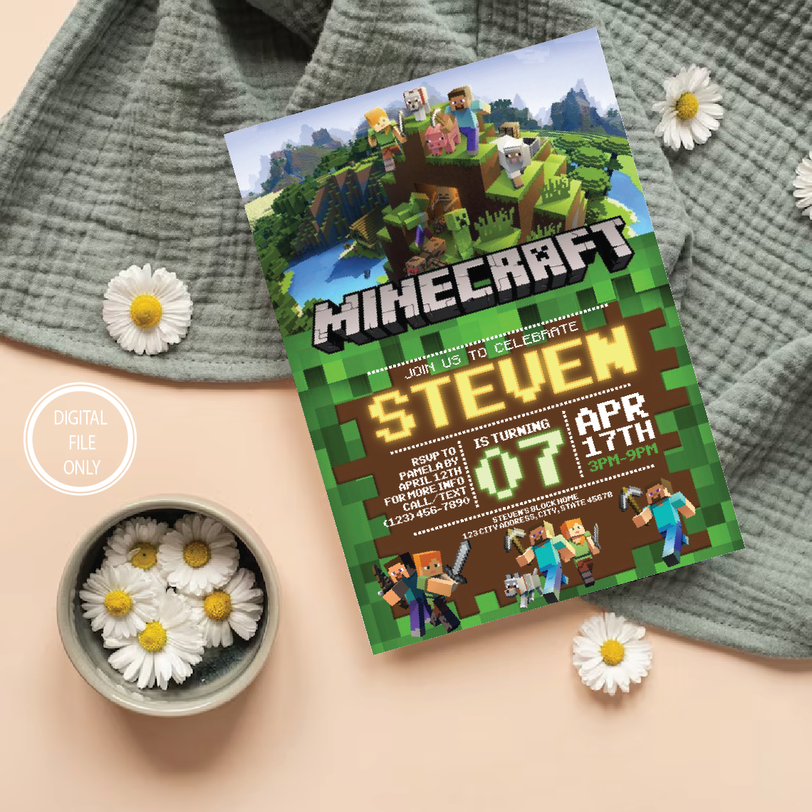 Personalized File Minecrafter Birthday Invitations Editable Minecraft Birthday Invitation Editable Template Mine Invite PNG File Only