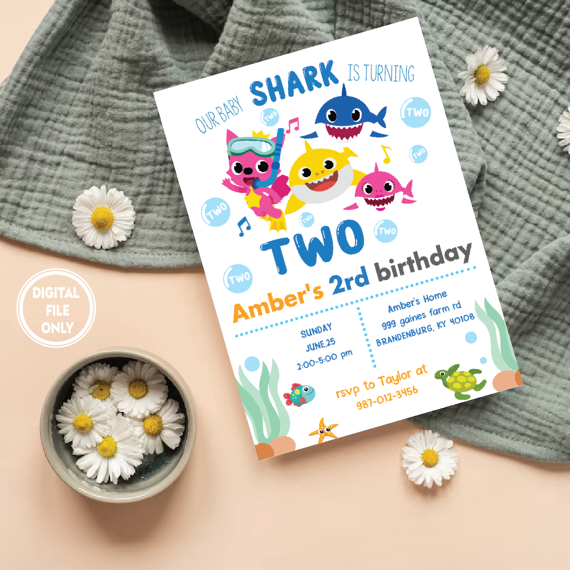 Personalized File baby shark Invitation, baby shark birthday Invitation for girl, baby shark girl party, baby shark party invitation, baby shark theme PNG File Only