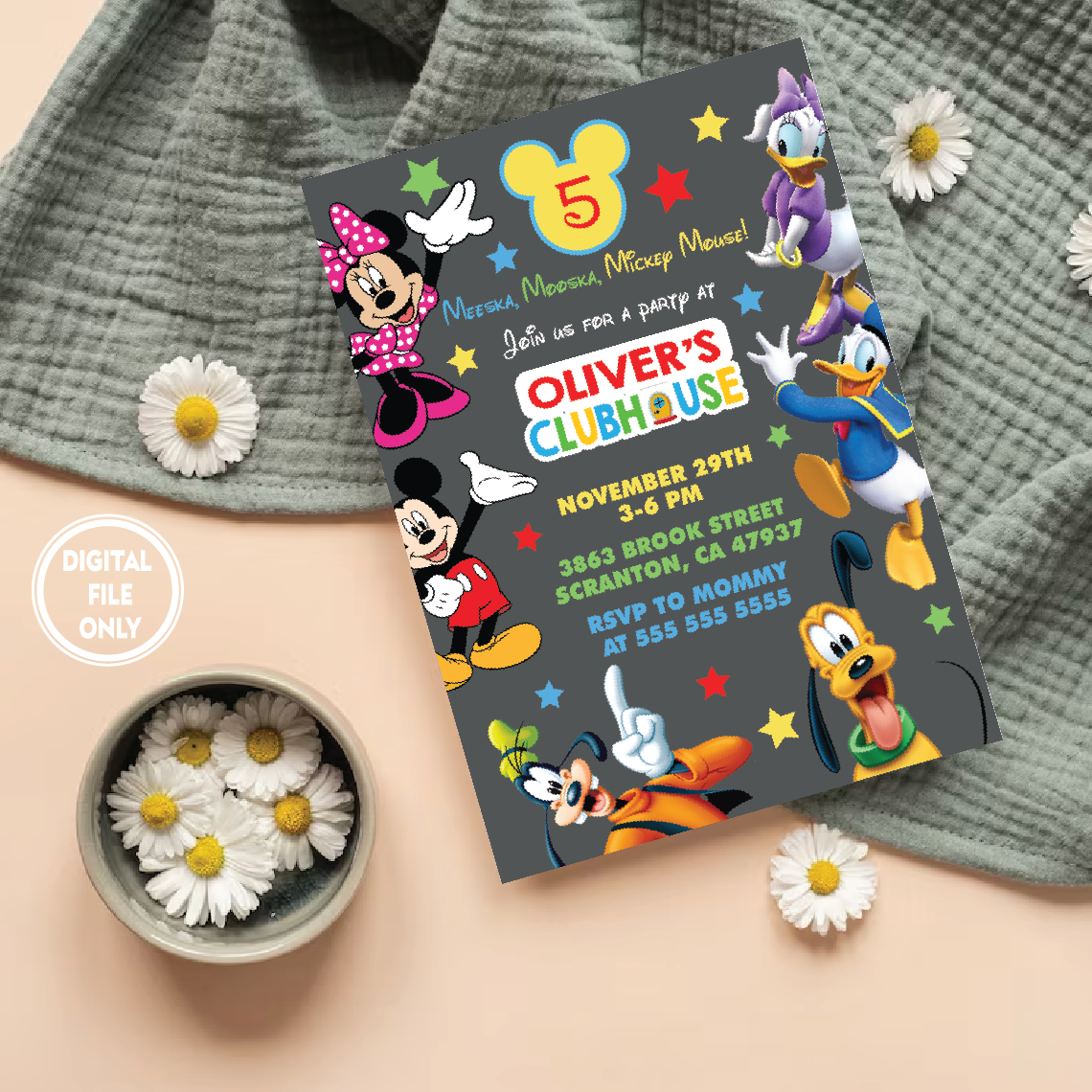Personalized File Clubhouse Birthday Invitation, Mickey Invitation, Clubhouse Invitation, Mickey Invite, Clubhouse, Thank You Card PNG File Only