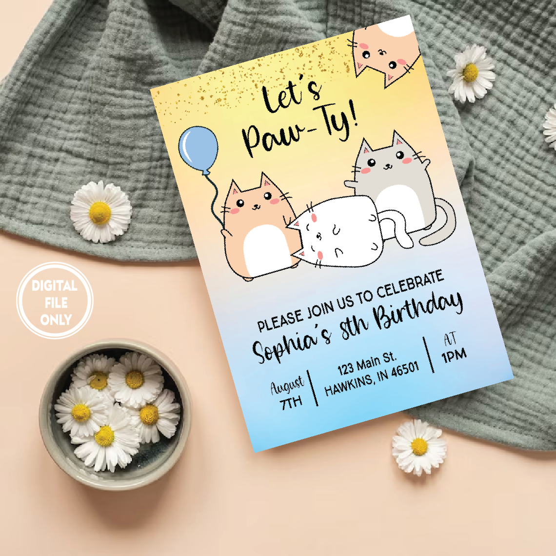 Personalized File Cat Birthday Invitation Png, Cat Theme Birthday Invitation Png, Are You Kitten Me Birthday, Invitation PNG File Only