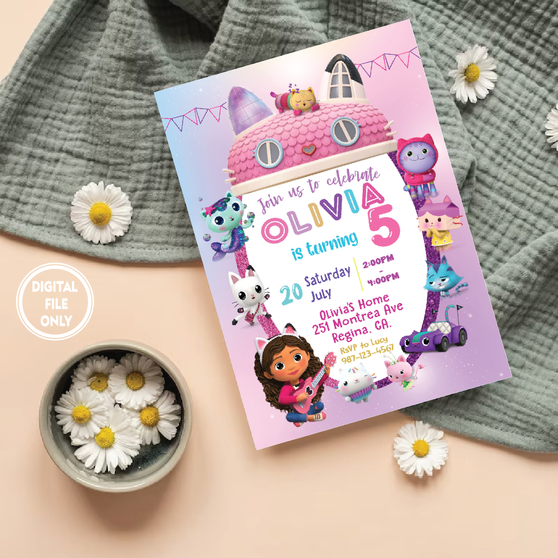Personalized File Gabbys Dollhouse Birthday Invitation CANVA Printable Invite Instant Download Gabby's Kids Birthday invite PNG File Only