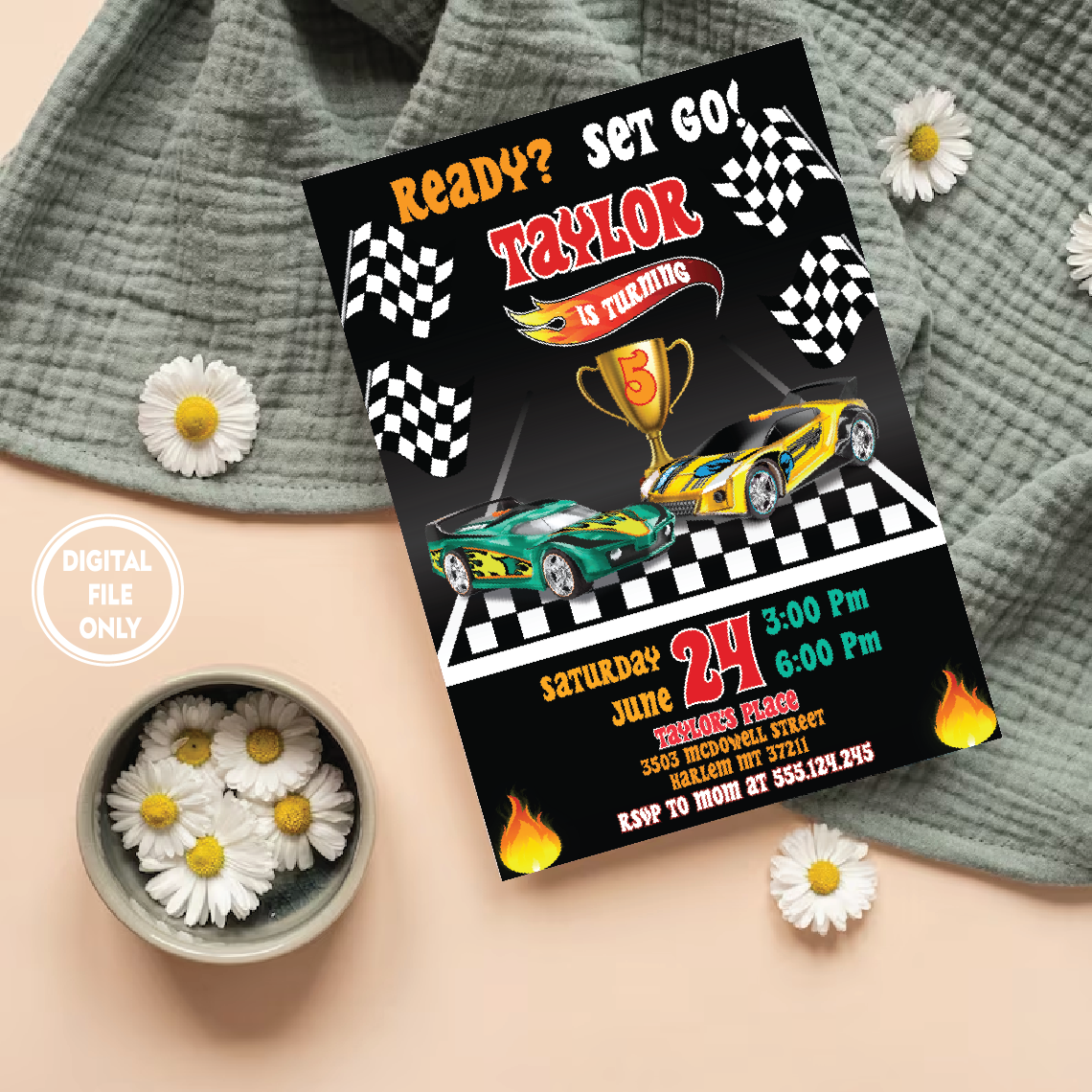 Personalized File Wheels Birthday Invitation, Hot Cars Birthday Invitation, Kid invitation, Race Cars Invitation, Instant Download PNG File Only