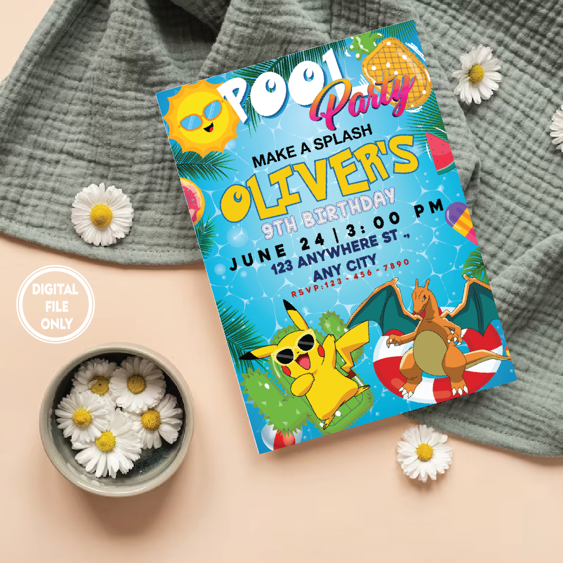 Personalized File Pokemone Birthday Invitation Digital, Pikachu Party Invite, Summer Pool Party Invitation, For Gamer Pool Birthday Boy Party PNG File Only