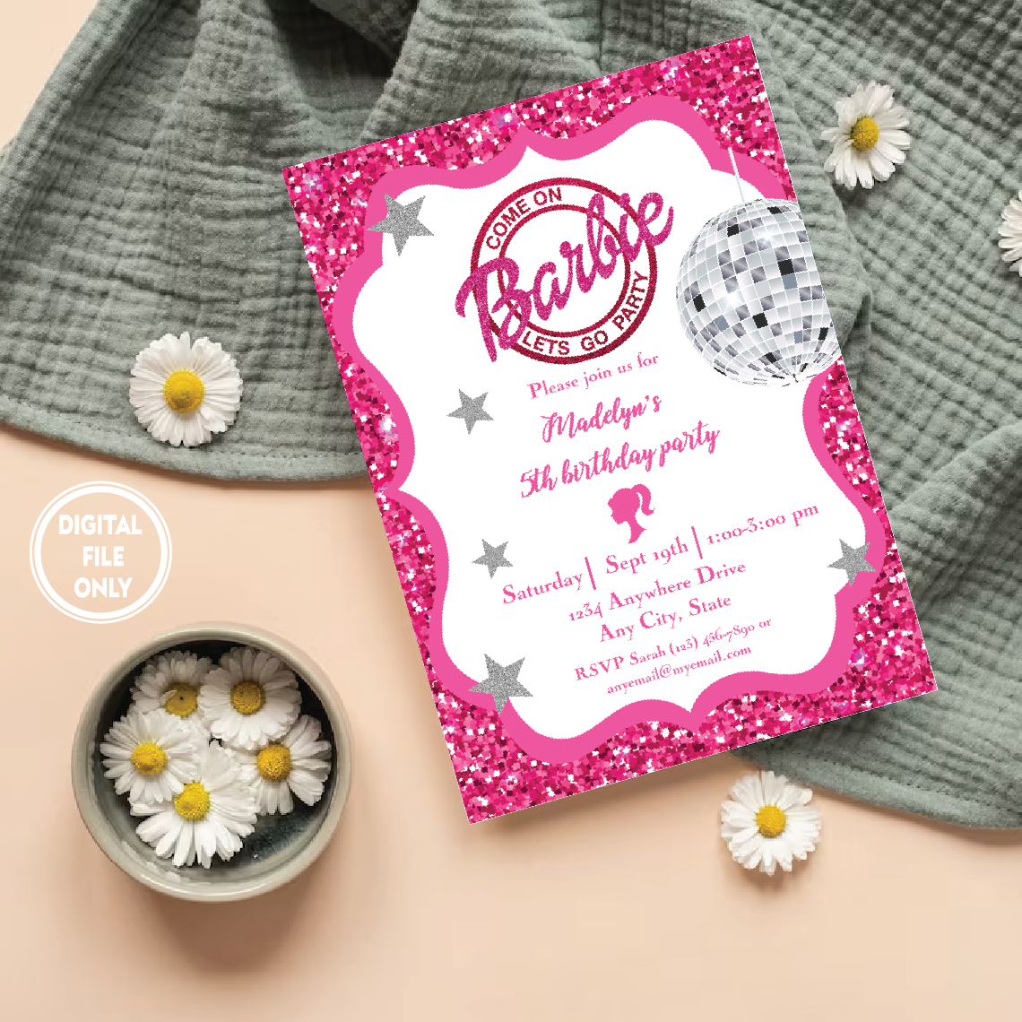 Personalized File Digital Girl's Birthday Party, Invitation for Girl Template Printable, Instant Download, Hot Pink Birthday Invite, Glitter Pink Invitation PNG File Only