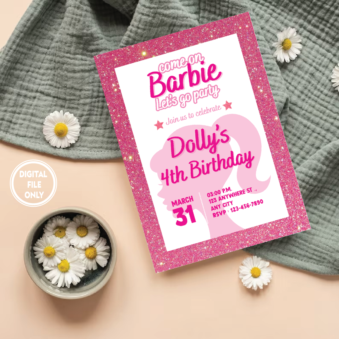Personalized File Doll Party Invitation, Doll Birthday Party, Pink Birthday Party Invitation, Pink Doll Birthday Invitation, Doll Invitation, Instant Download PNG File Only