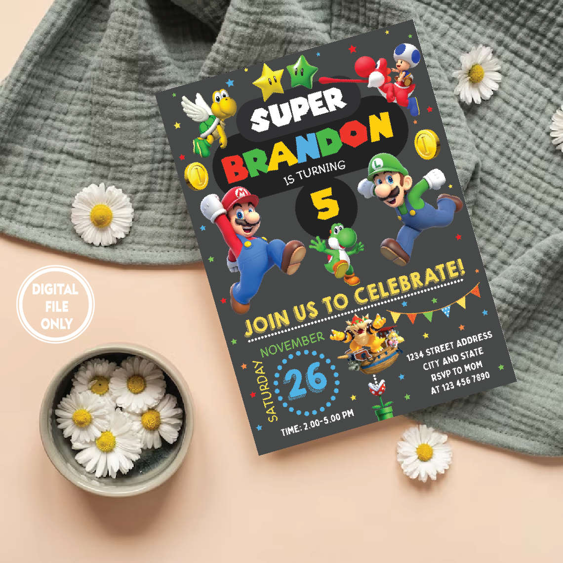 Personalized File Editable Birthday Invitation Digital, Super Brothers Evite, Printable Download, Chalkboard Kid Invite PNG File Only