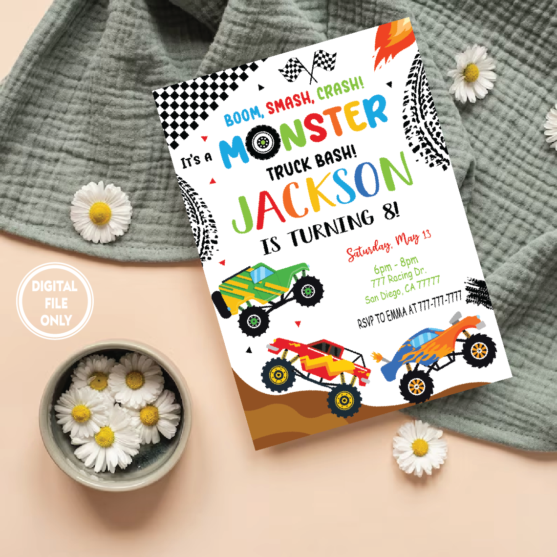 Personalized File Monster Truck Invitation Png, Monster Truck Birthday Invites Png,Instant Download Monster Truck Invitations, PNG File Only
