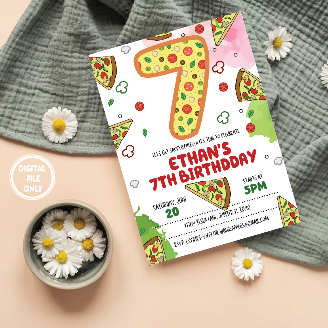 Personalized File Pizza Party, Pizza Birthday Invitation for Pizza Party theme - Digital Download Invitations, Instant Download, DIY  PNG File Only