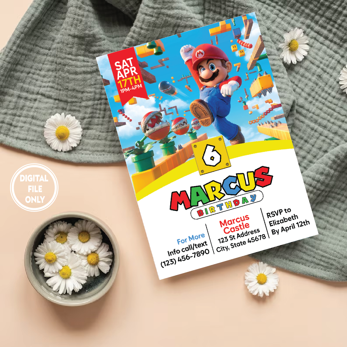 Personalized File Super Mario Birthday Invitation, Mario Bros Birthday Invitation Digital, Printable Birthday Invitation, Instant Download 5x7 PNG File Only