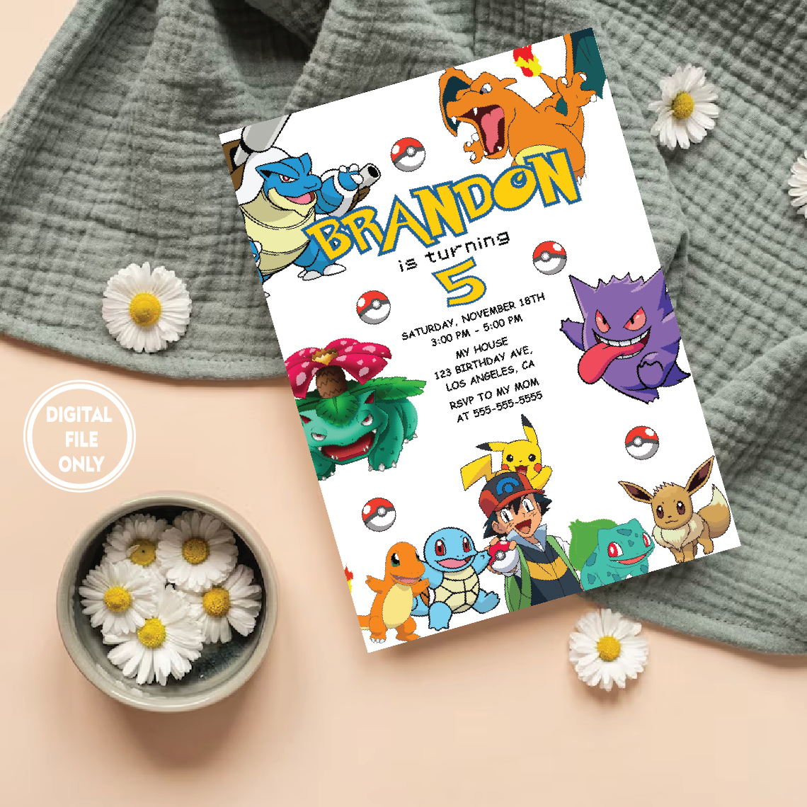 Personalized File Pokemone Birthday Invitation Digital, Pokemon Evite, Printable Download, pikachu invite Pokemon birthday supplies PNG File Only