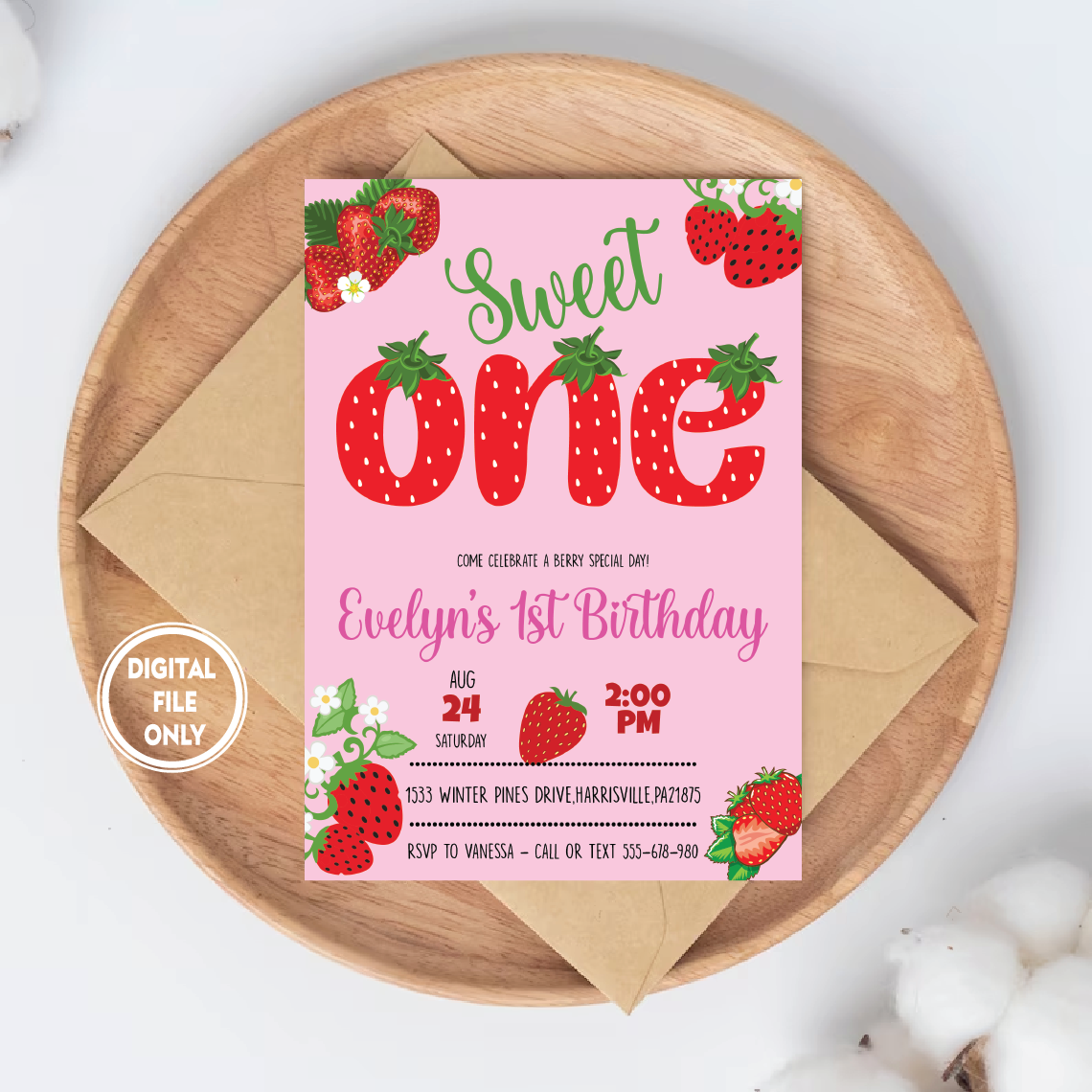 Personalized File Strawberry Sweet One 1st Birthday Invitation Png, Berry Theme Party Invite Png, Instant Download PNG File Only