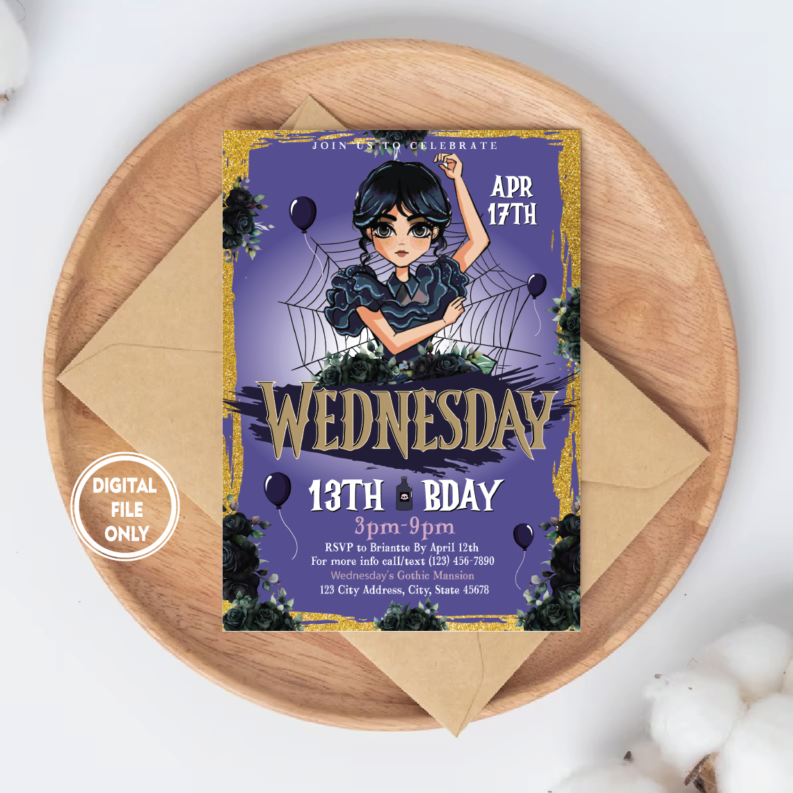 Personalized File Wednesday Birthday Invitation Party Invite Printable Editable Addams Family Digital Kid Cake Topper Girl Boy Instant Download PNG File Only
