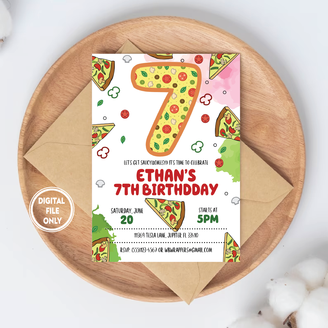 Personalized File Pizza Party, Pizza Birthday Invitation for Pizza Party theme - Digital Download Invitations, Instant Download, DIY  PNG File Only
