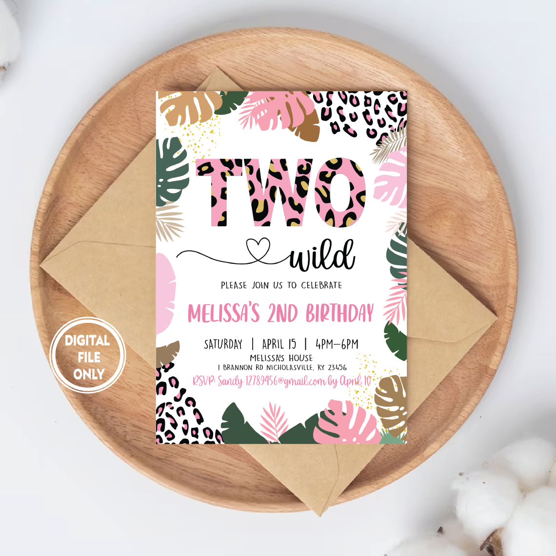 Personalized File Two Wild Birthday Invitation for Girl, Leopard Gold Safari Jungle 2nd Birthday invitations, Girl Wild Two 2nd Birthday Invitation PNG File Only