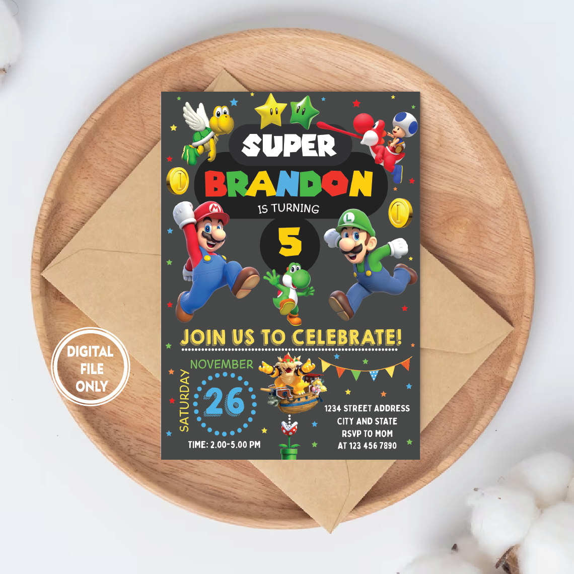 Personalized File Editable Birthday Invitation Digital, Super Brothers Evite, Printable Download, Chalkboard Kid Invite PNG File Only