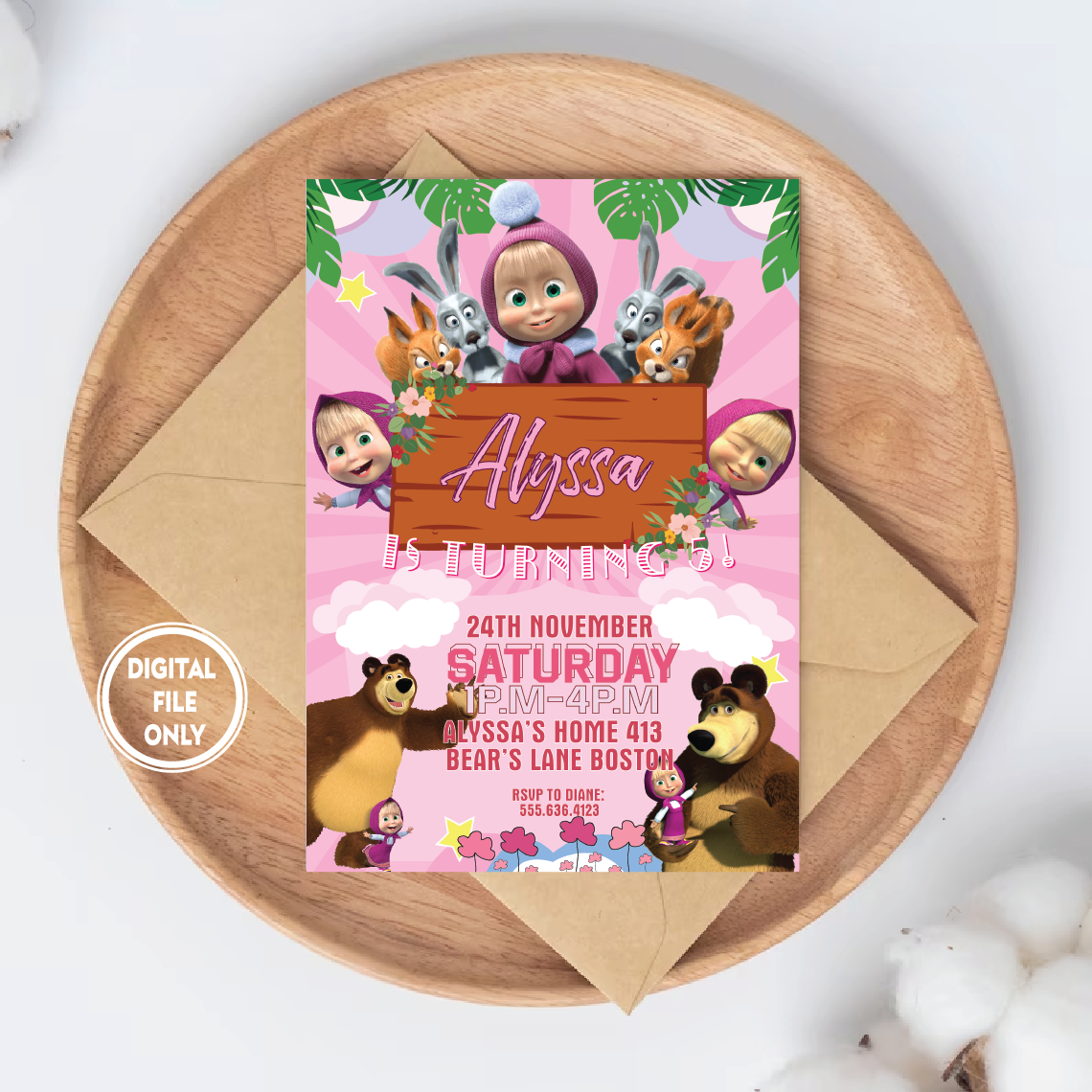 Personalized File Masha and The Bear Invitation for Girls Birthday Party Invitation for Masha Birthday Bear Invite Digital Masha and Bear PNG File Only