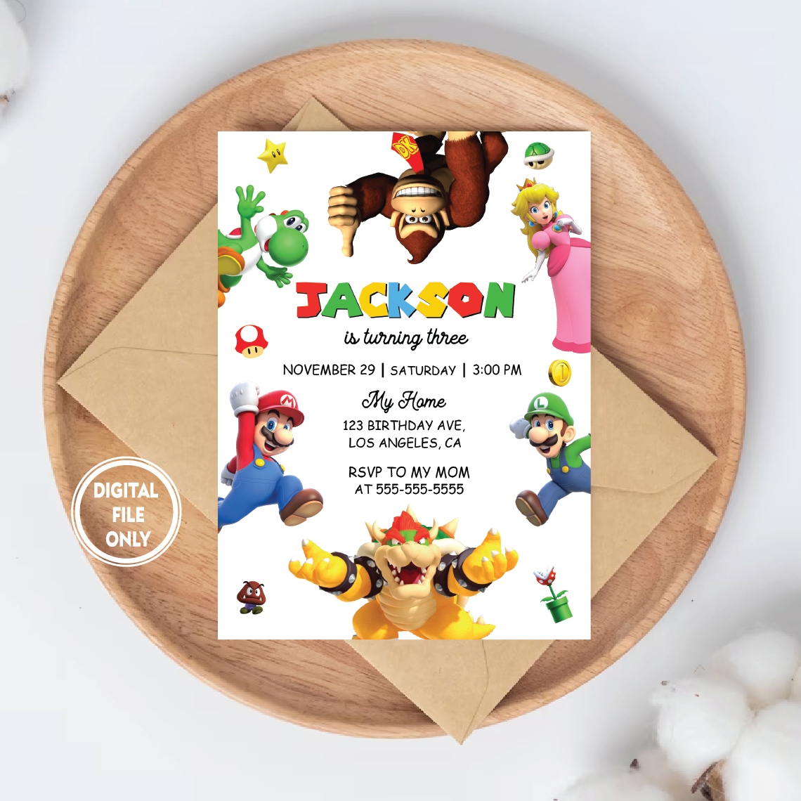 Personalized File Editable Birthday Invitation Digital, Super Brothers Evite, Printable Download, Video Game Kid Invite, Thank You Card PNG File Only