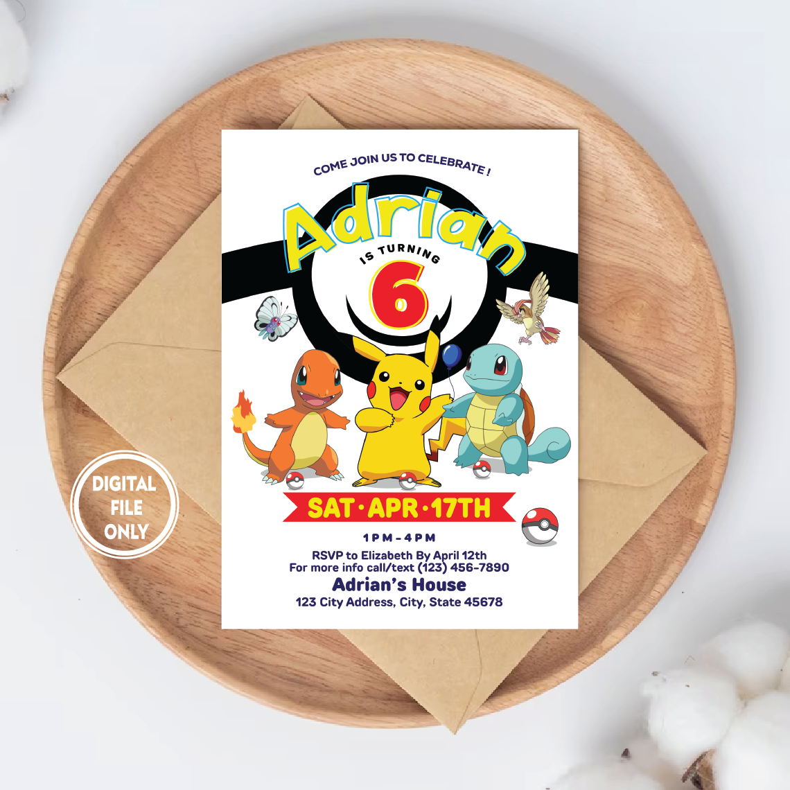 Personalized File Pikachu Birthday Invitation, Pokemon Invitation, Pokemon Birthday Invitation, Pokemon Invitation, Pikachu Invitation Invite PNG File Only