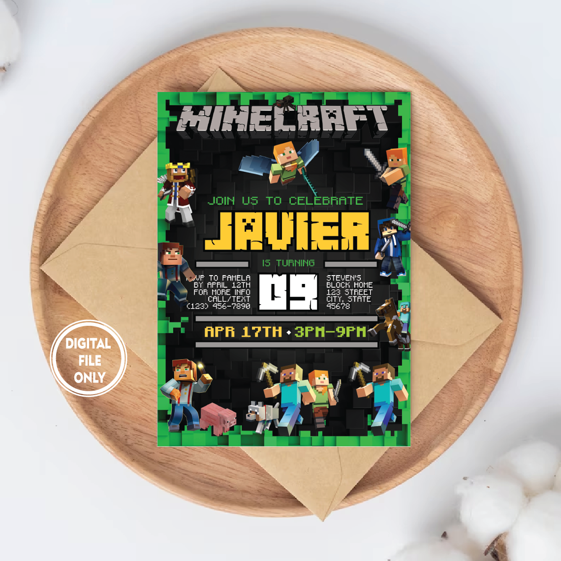 Personalized File Minecrafter Birthday Invitations, Printable Minecraft Birthday Invitation, Mine Invite, Invite Instant Download PNG File Only