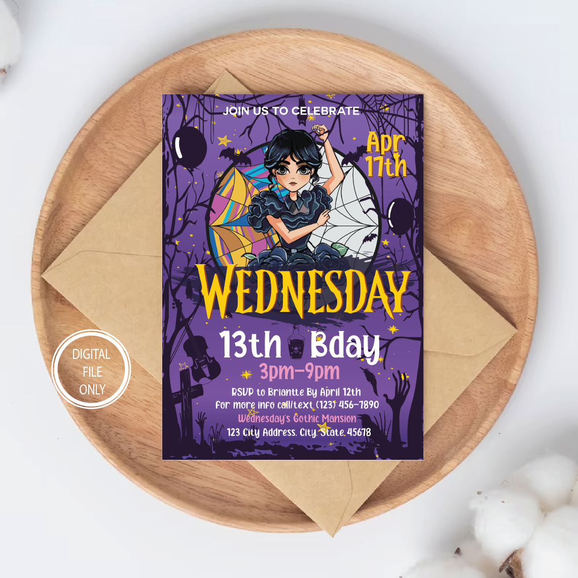 Personalized File Wednesday Birthday Invitation Party Printable Addams Family Cake Topper Card Girl Instant Download Digital PNG File Only