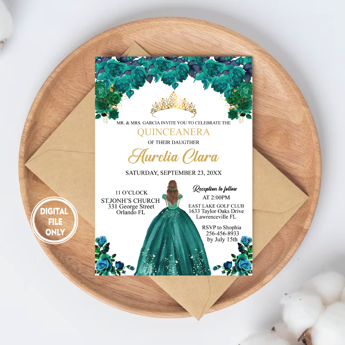 Personalized File Emerald Green Floral Quinceanera Invitation INSTANT DOWNLOAD, Mis Quince 15 Anos 16th Birthday Invite Diy Printable PNG File Only