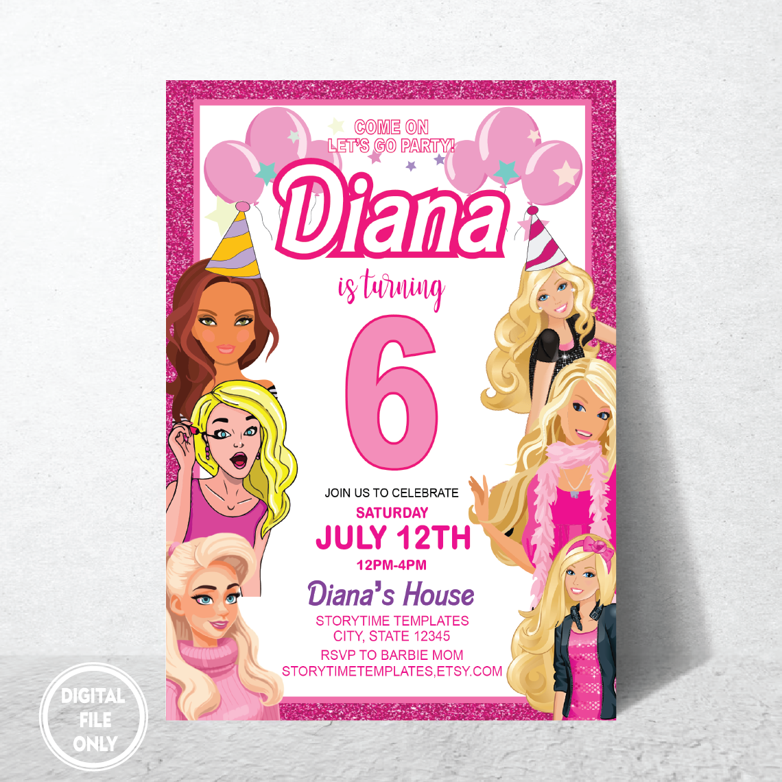 Personalized File Hot Pink Birthday Party Invitation, Pink Doll Party Printable Invitation, Doll Invitation, Digital Birthday Invite, Come on Friends PNG File Only