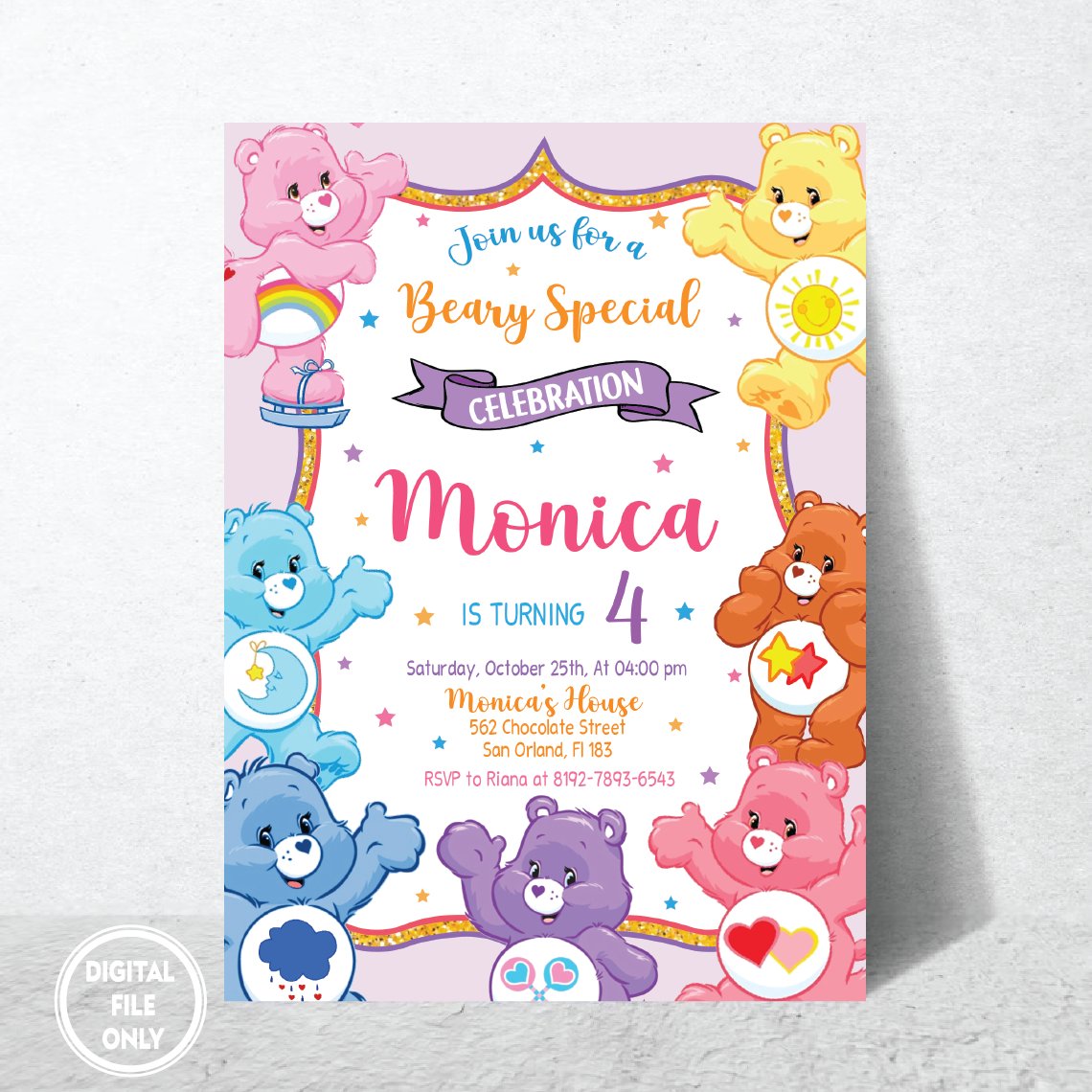 Personalized File Care Bear Invitation Birthday Party Invitation, Bears Invitation Digital Invitation, Birthday Invite, Instant Download, PNG File Only