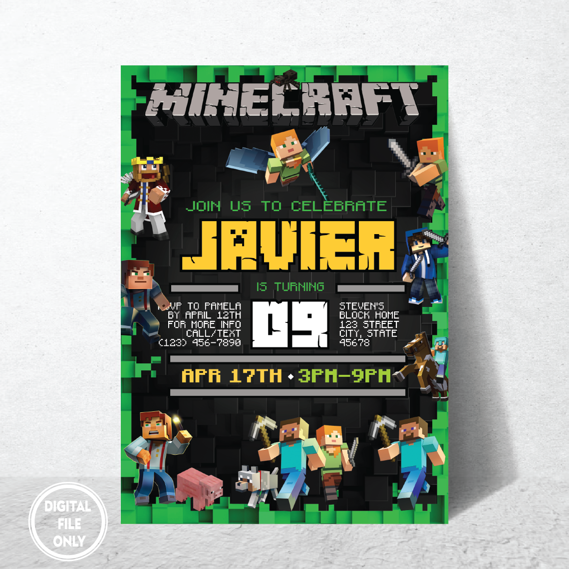 Personalized File Minecrafter Birthday Invitations, Printable Minecraft Birthday Invitation, Mine Invite, Invite Instant Download PNG File Only