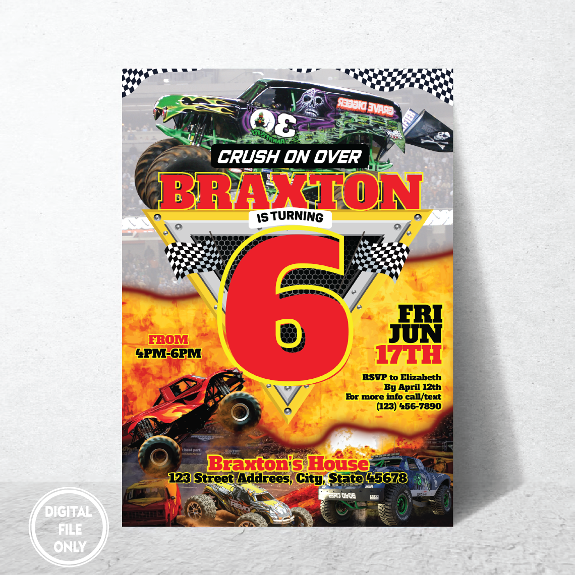 Personalized File Editable Monster Truck Birthday Invitation PNG, Monster Jam Printable Trucks Birthday Invite, Monster Truck Invites, Digital Evite 5x7 PNG File Only