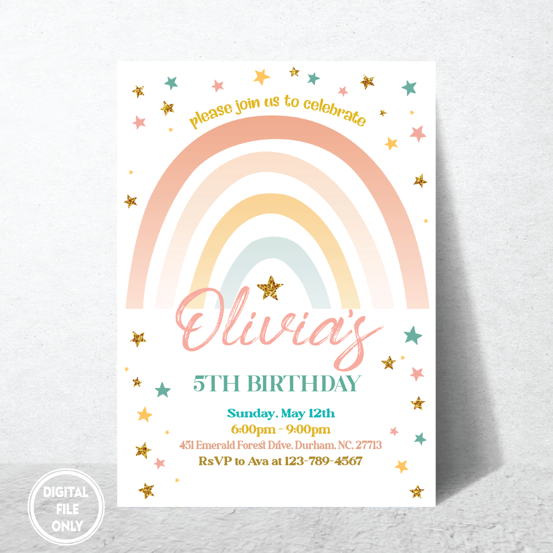 Personalized File Rainbow Birthday Invitation for Girls, Gold Stars Modern, Fun Girls Birthday Invitation ,Printable Download PNG File Only