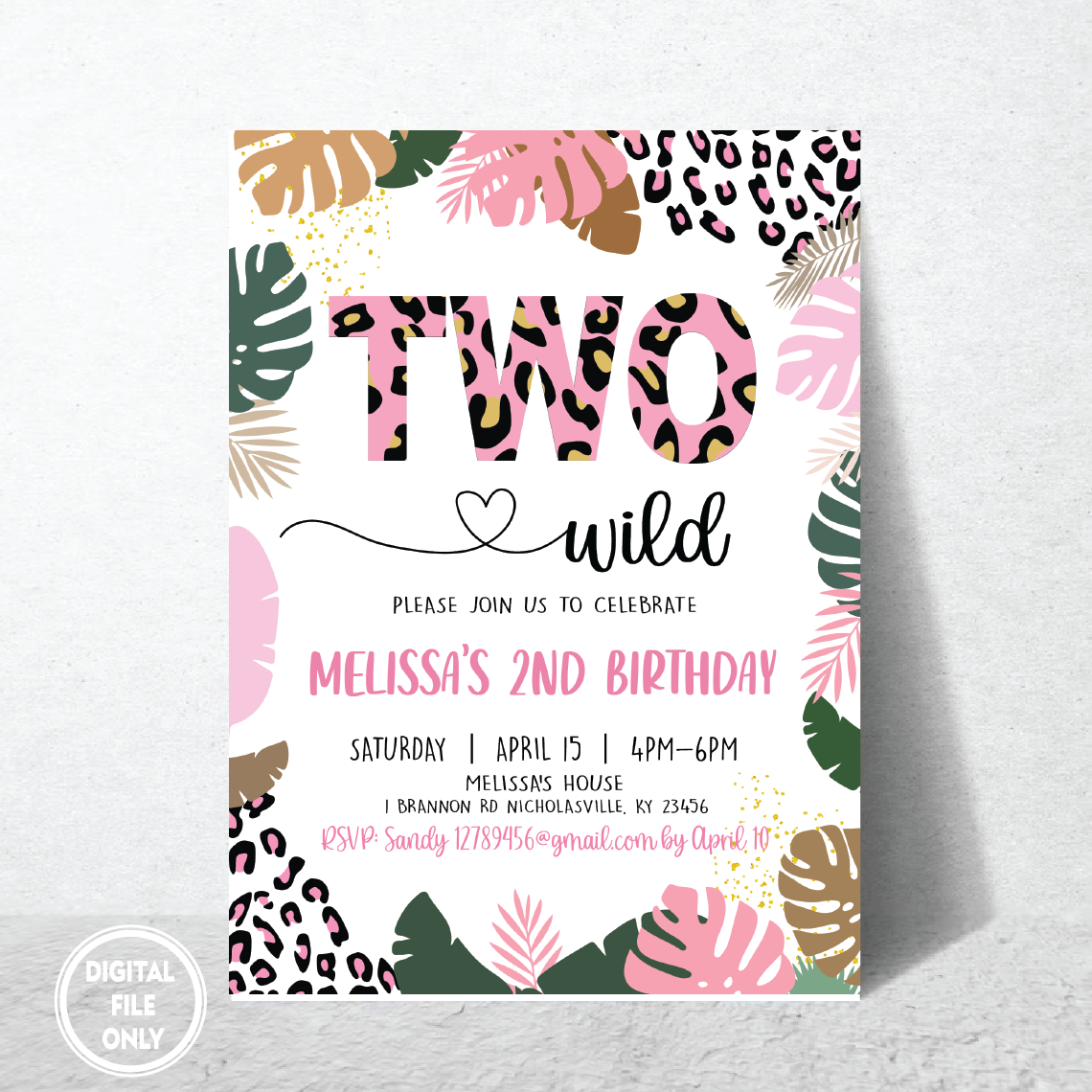 Personalized File Two Wild Birthday Invitation for Girl, Leopard Gold Safari Jungle 2nd Birthday invitations, Girl Wild Two 2nd Birthday Invitation PNG File Only