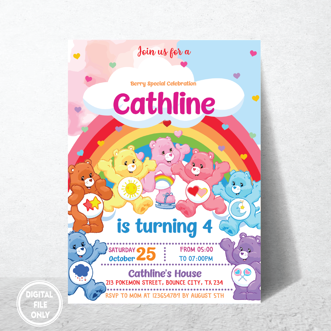 Personalized File Care Bear Invitation Birthday Party Invitation, Bears Invitation Digital Invitation, Birthday Invite, Instant Download, PNG File Only