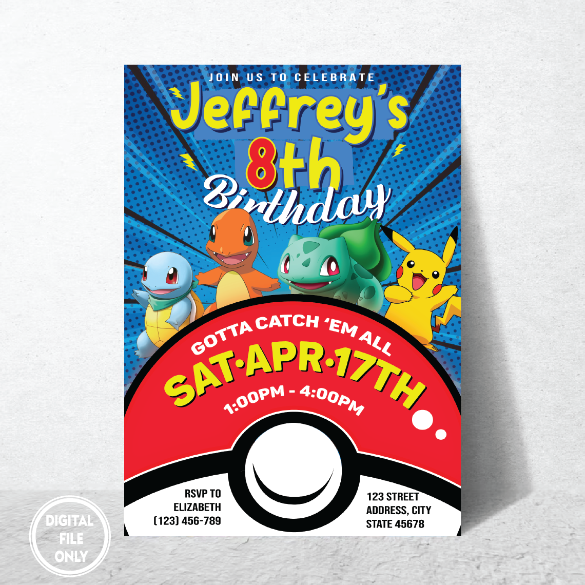 Personalized File Pokemone Birthday Invitation, Pokemon Birthday Invitation, Pokemon Invitation, Pikachu Invitation, Pikachu Party Invite, Instant Download. PNG File Only