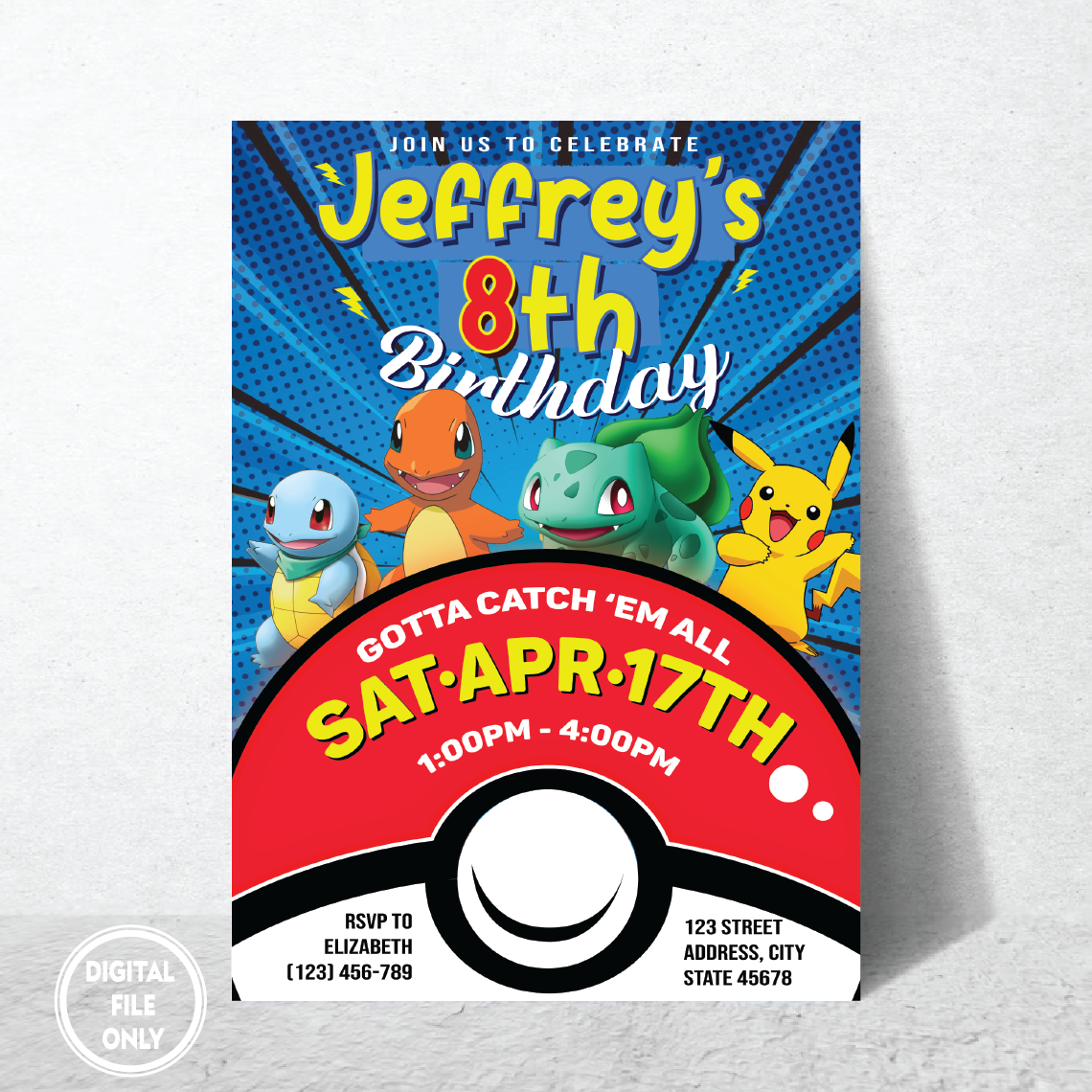 Personalized File Pokemone Birthday Invitation, Pokemon Birthday Invit