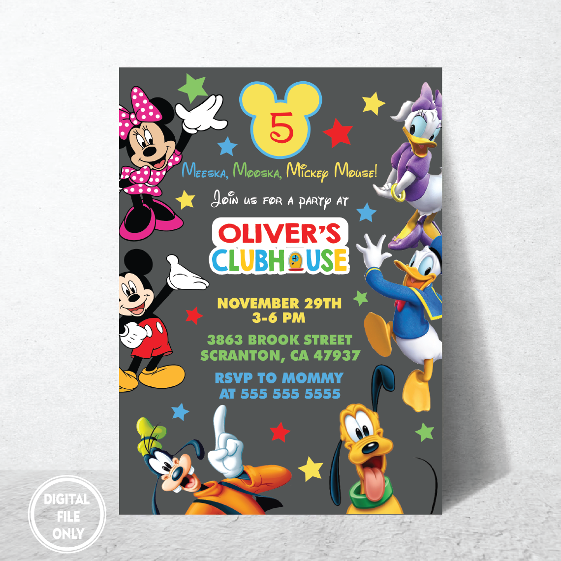 Personalized File Clubhouse Birthday Invitation, Mickey Invitation, Clubhouse Invitation, Mickey Invite, Clubhouse, Thank You Card PNG File Only