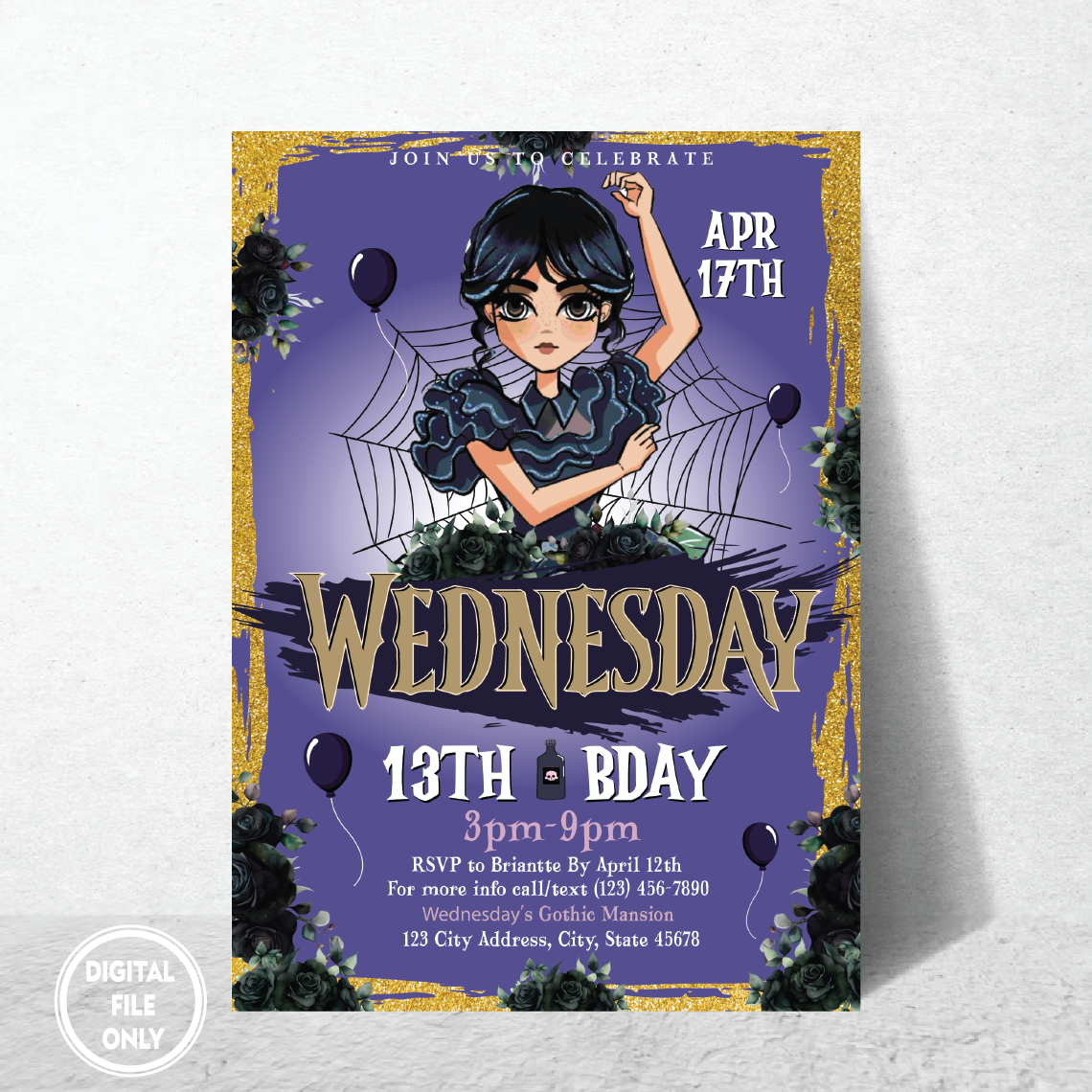 Personalized File Wednesday Birthday Invitation Party Invite Printable Editable Addams Family Digital Kid Cake Topper Girl Boy Instant Download PNG File Only