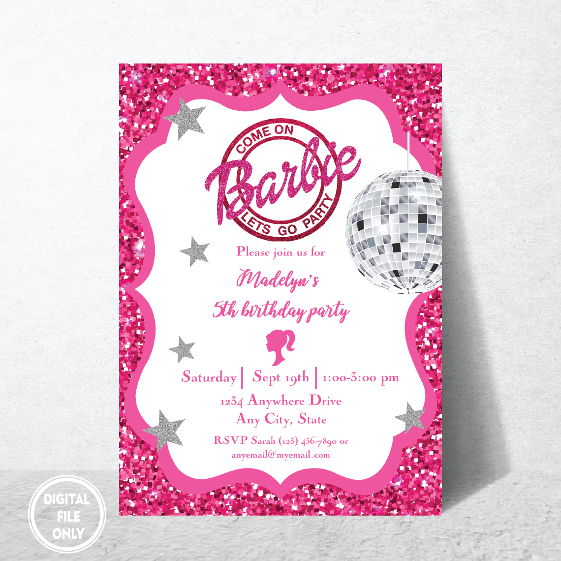 Personalized File Digital Girl's Birthday Party, Invitation for Girl Template Printable, Instant Download, Hot Pink Birthday Invite, Glitter Pink Invitation PNG File Only
