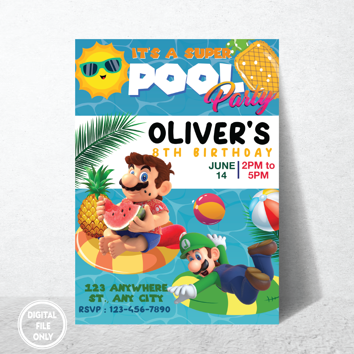 Personalized File Super Mario Birthday Invitation, Mario Party Invite, Pool Party Invitation For Video Gamer,Pool Birthday Boy Kid Party Invite PNG File Only