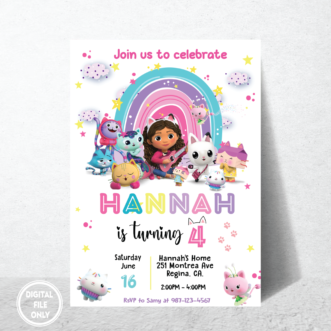 Personalized File Gabbys Dollhouse Birthday Invitation Printable Invite Instant Download Gabby's Kids Birthday invitePNG File Only